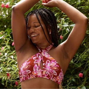 Aerie AE Crossover Keyhole Halter Bikini Top Floral Dessert Sand Small